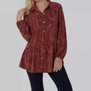 LOGO Lori Goldstein Top Tunic Blouse S Ruffle Peplum Button Long Sleeve